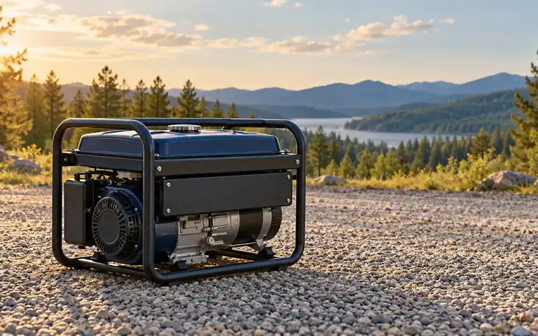 Editorial illustration of a generic portable generator standing alone on an outdoor gravel clearing.