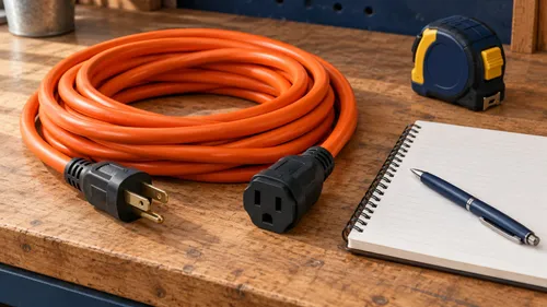 Editorial illustration of a disconnected orange grounded extension cord, tape measure and notebook.