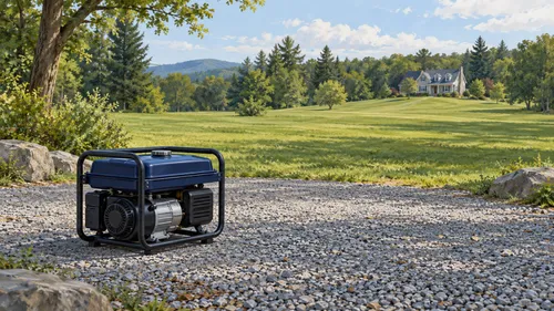 Editorial illustration of a disconnected portable generator in an open clearing with a distant house.