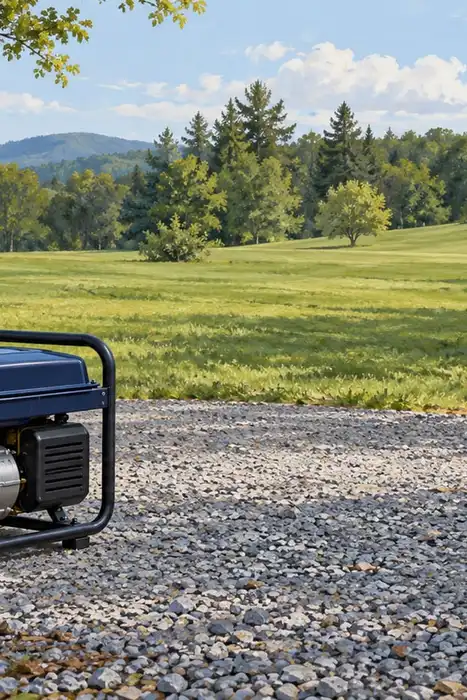 Editorial illustration of a disconnected portable generator in an open clearing with a distant house.