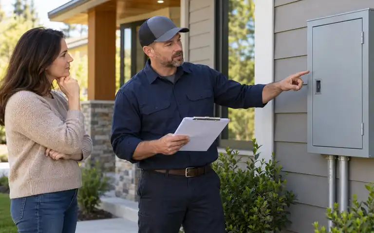 Editorial illustration of a homeowner and another person reviewing a closed exterior electrical panel.