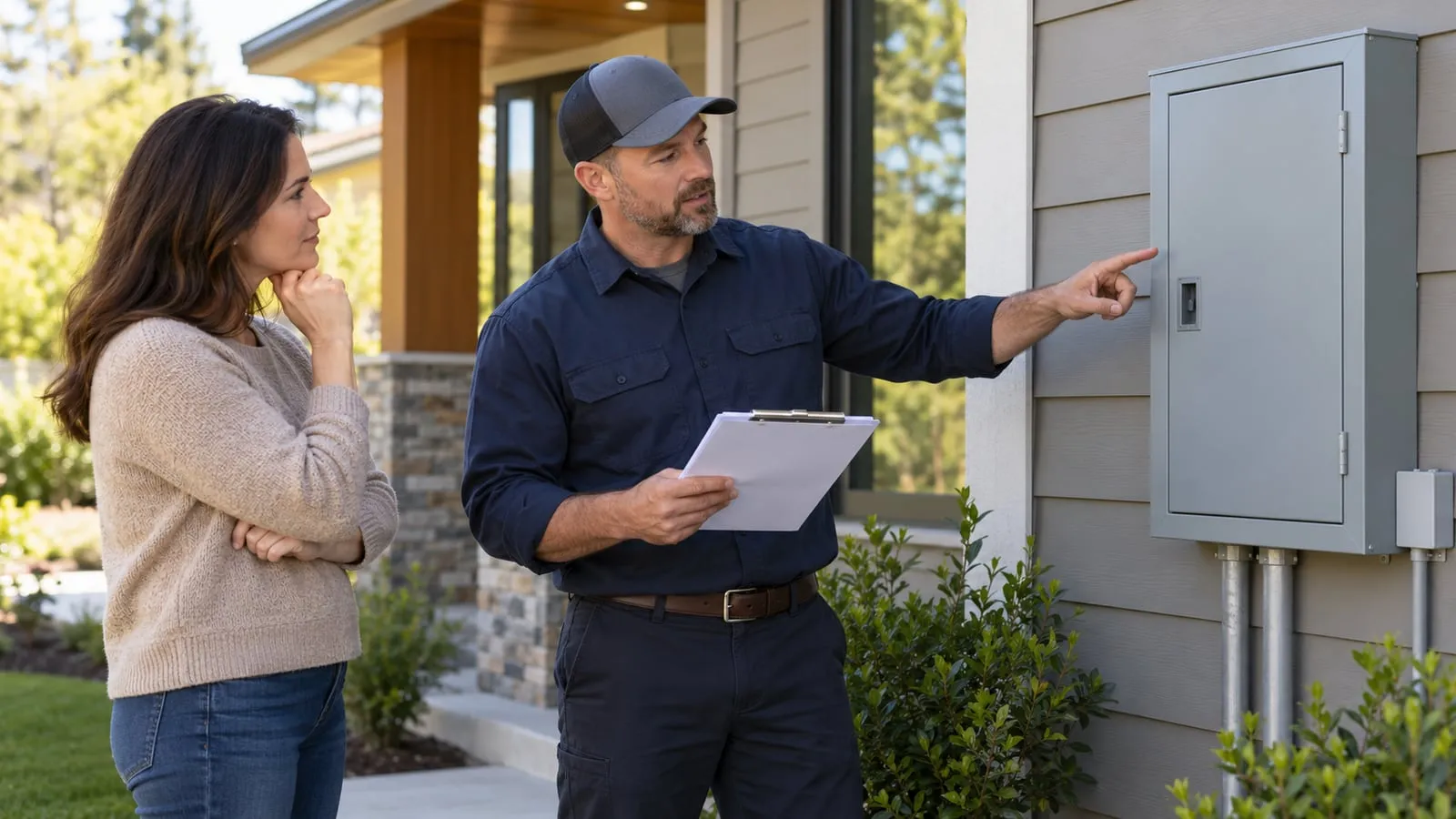Editorial illustration of a homeowner and another person reviewing a closed exterior electrical panel.