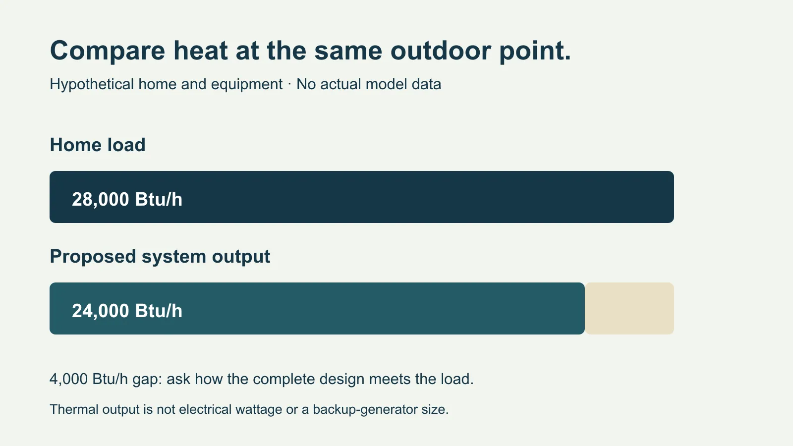Hypothetical example at the same outdoor design temperature: a home needs 28,000 Btu per hour and the proposed system supplies 24,000, leaving a 4,000 Btu per hour gap.