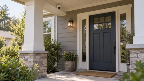 Small security camera mounted beneath the eave beside a home's front entrance