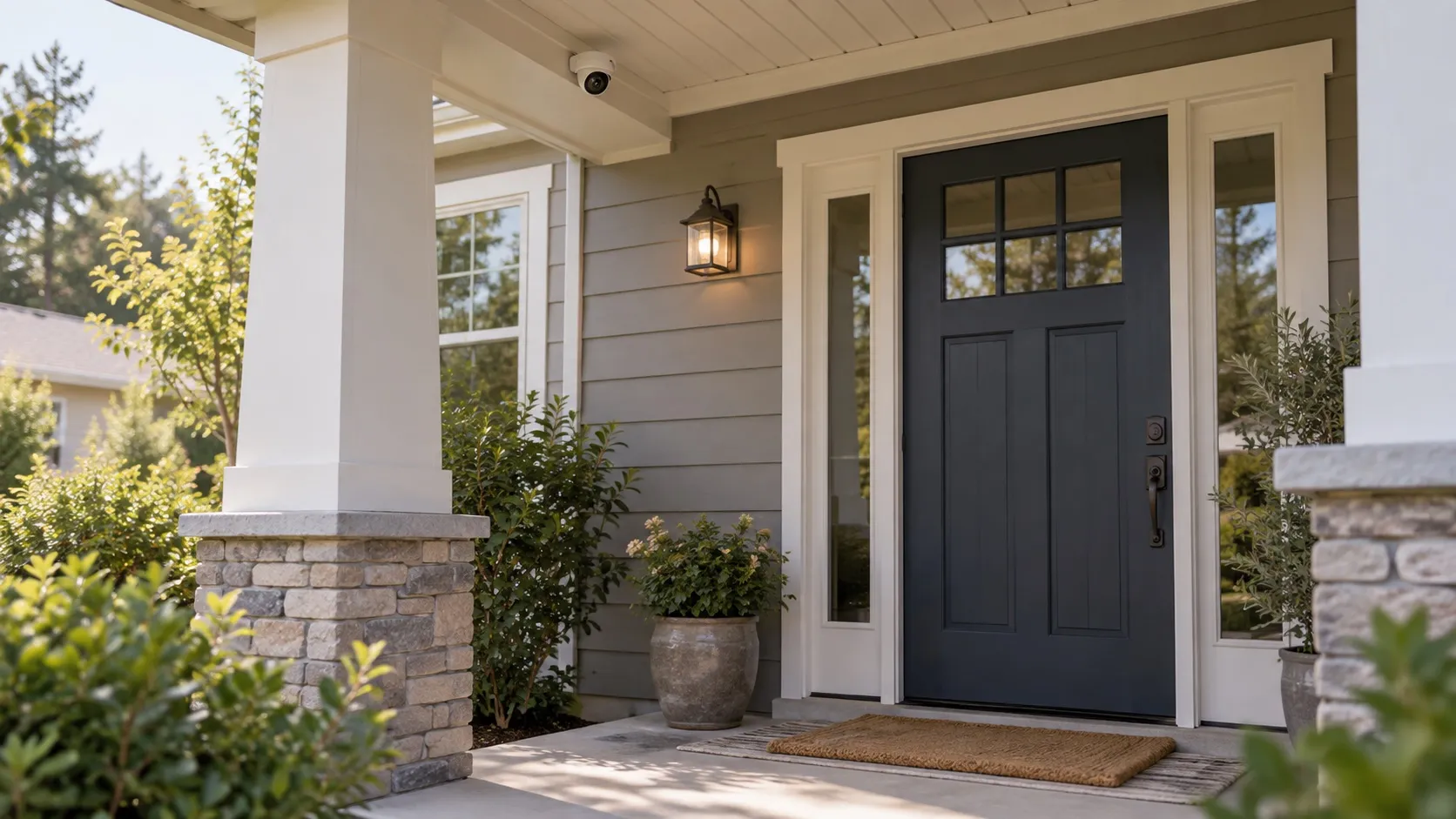 Small security camera mounted beneath the eave beside a home's front entrance