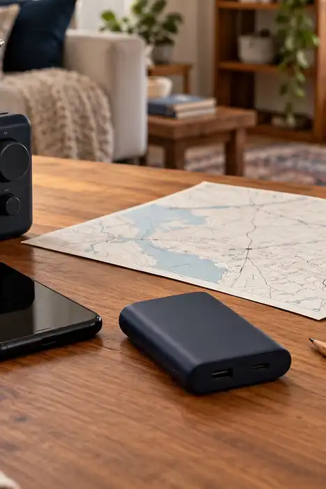 A radio, smartphone, power bank, paper map, and blank cards arranged on a home table.