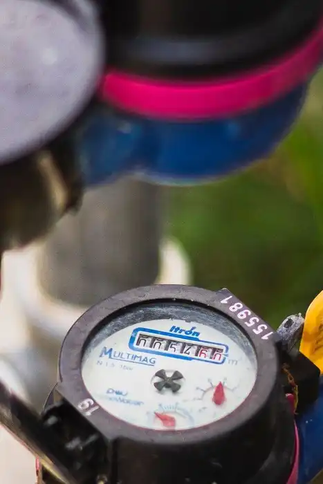 Several water meters are connected to pipes in an outdoor utility setting.