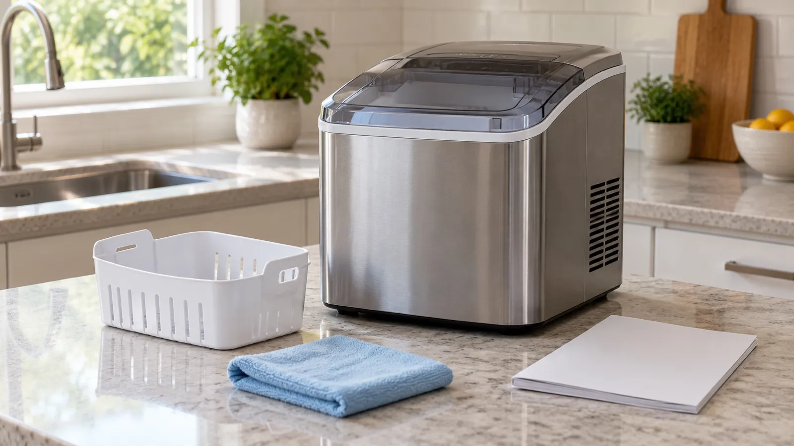 Editorial illustration of a compact stainless-steel ice maker beside an empty ice basket and a folded blue cloth.