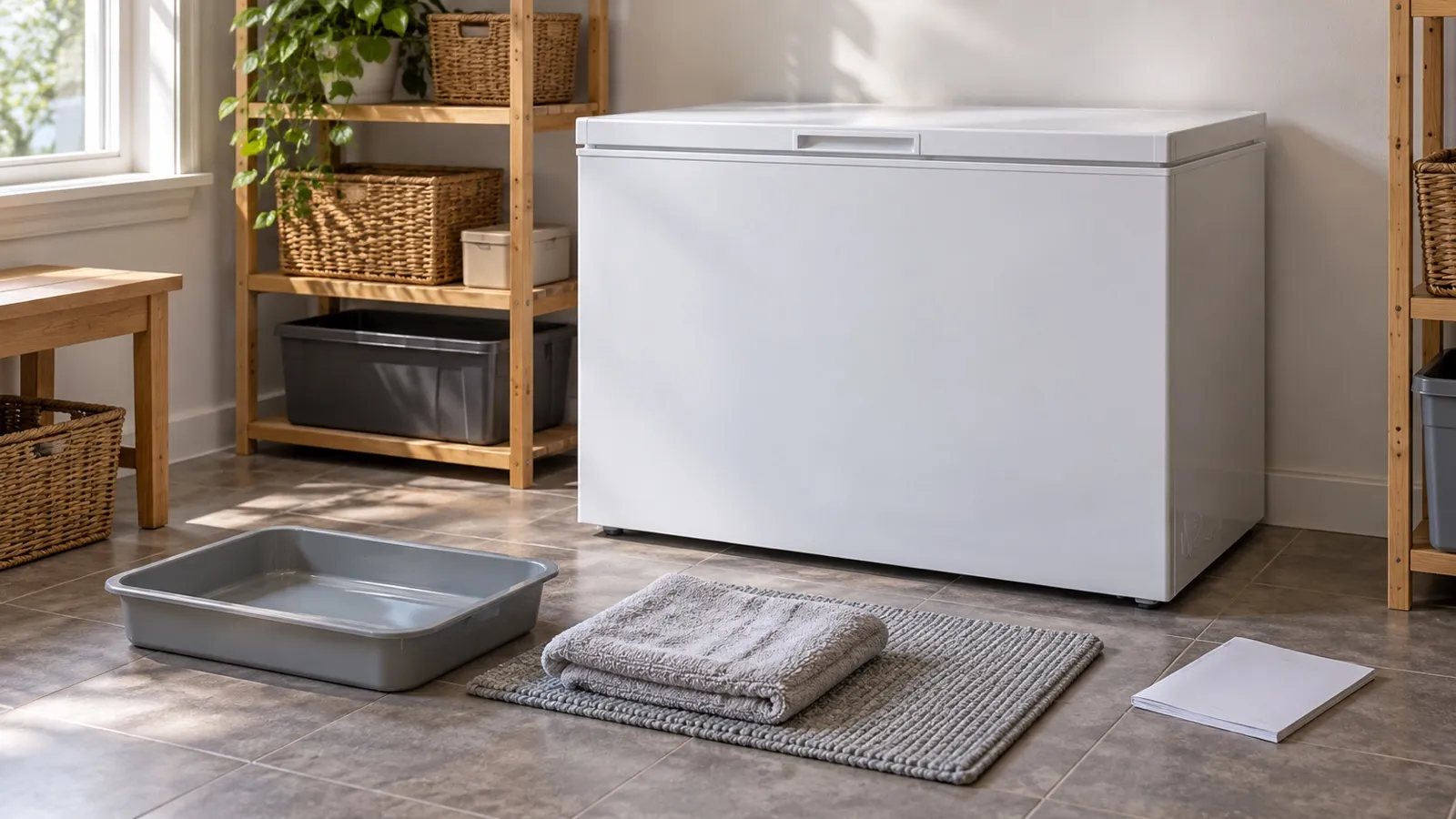 A closed chest freezer in a utility room with an empty shallow pan, folded towels, and a closed instruction booklet nearby.