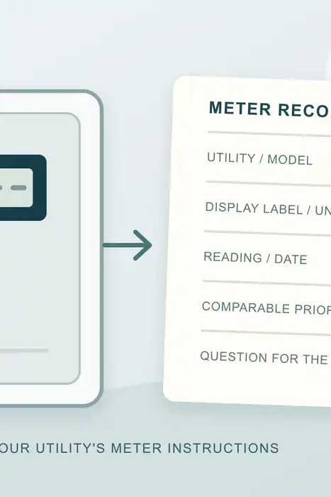 Original illustration of a closed electric meter beside a blank household record; the screen is generic and gives no meter-reading instructions.