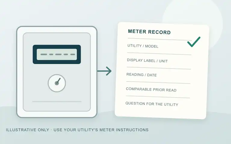 Original illustration of a closed electric meter beside a blank household record; the screen is generic and gives no meter-reading instructions.