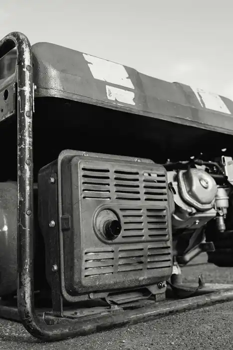 Black-and-white photograph of an open-frame portable generator outdoors.