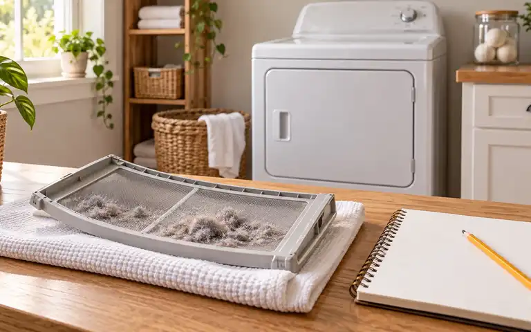 Editorial illustration: laundry dryer and vent inspection checklist beside a clean lint filter