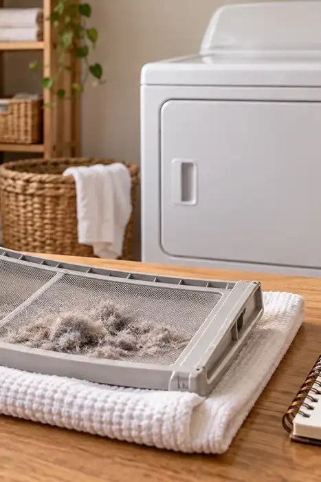 Editorial illustration: laundry dryer and vent inspection checklist beside a clean lint filter