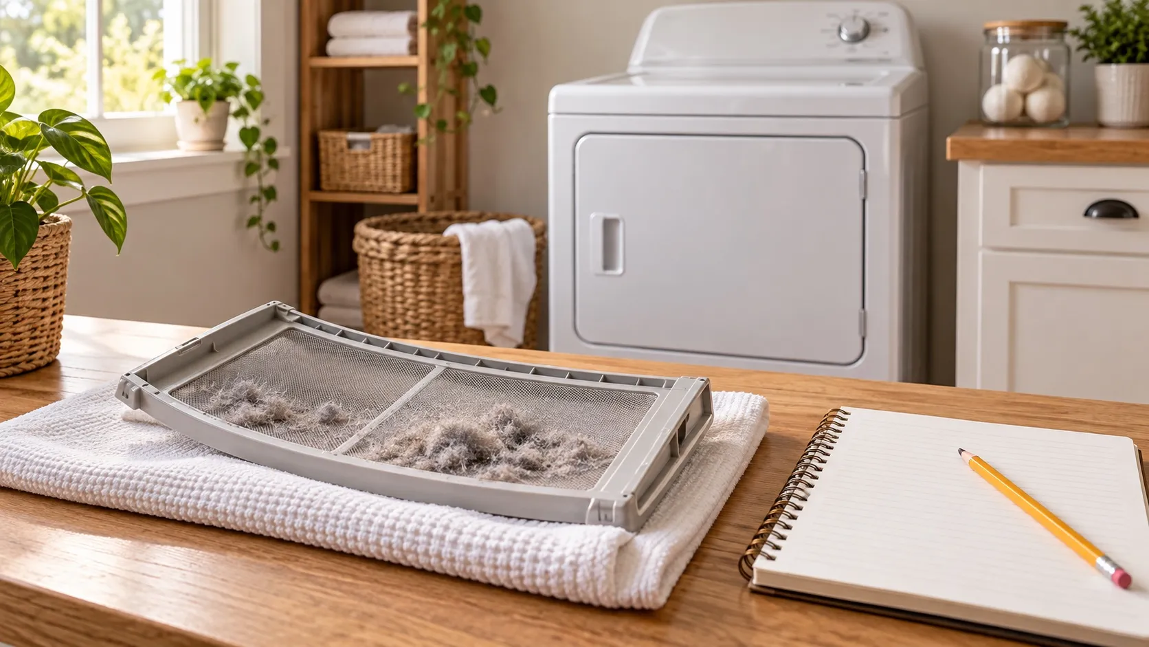 Editorial illustration: laundry dryer and vent inspection checklist beside a clean lint filter