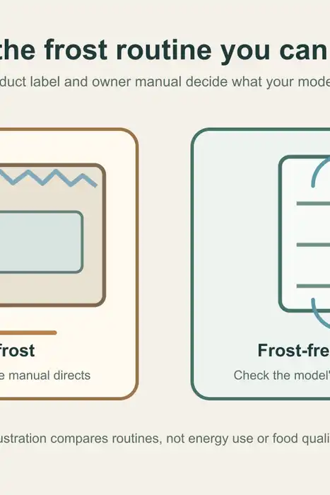 Original illustration showing frost buildup in a manual-defrost freezer beside a frost-free freezer layout.