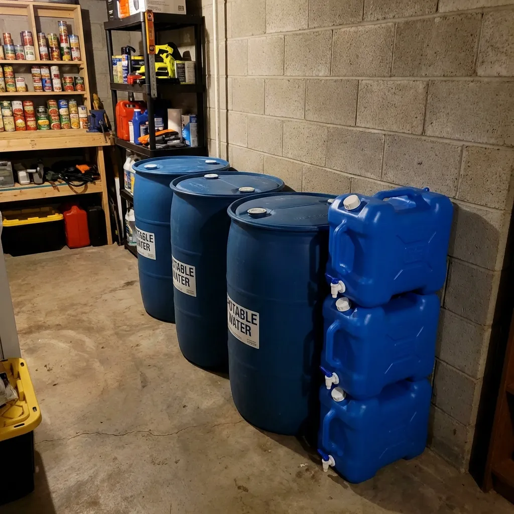 Professional 55-gallon water storage barrels and stackable HDPE containers for emergency water reserves