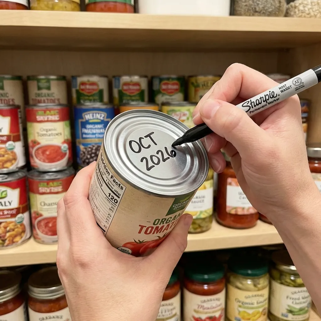 Applying date labels to canned goods to implement a First-In First-Out (FIFO) rotation system