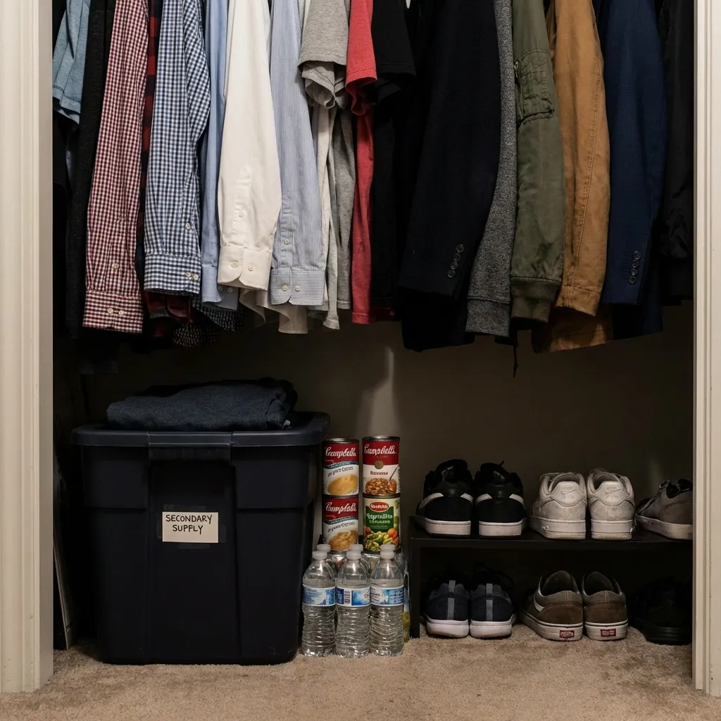 Distributed emergency food and water supplies stored in a bedroom closet for redundant safety