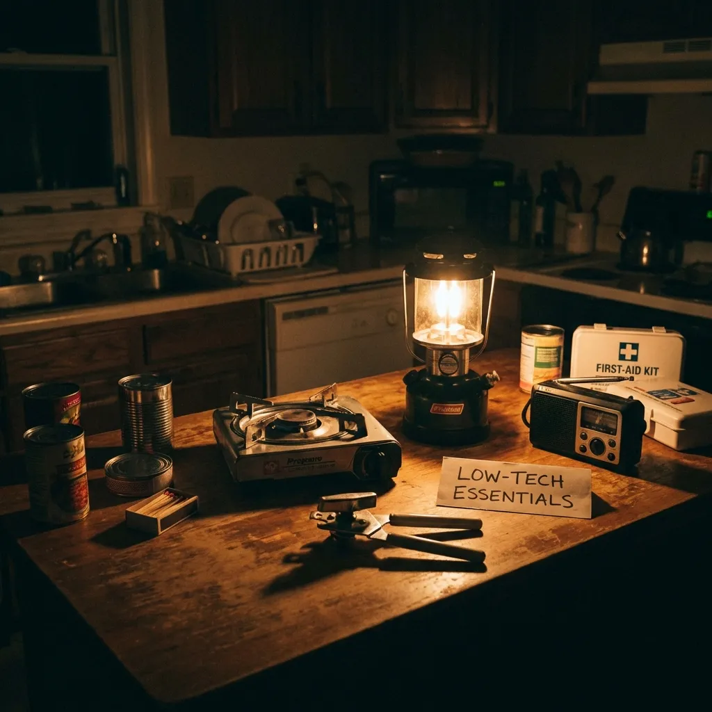 Essential non-electric kitchen tools including a manual can opener and portable camping stove