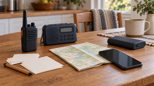 A handheld radio, portable weather radio, folded map, blank contact cards, phone, and power bank on a table.