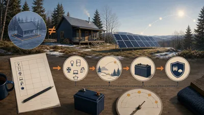 Off-grid cabin solar plan connecting an appliance load worksheet, seasonal sunlight, battery storage, and fallback power