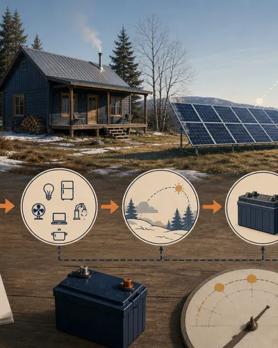 Off-grid cabin solar plan connecting an appliance load worksheet, seasonal sunlight, battery storage, and fallback power