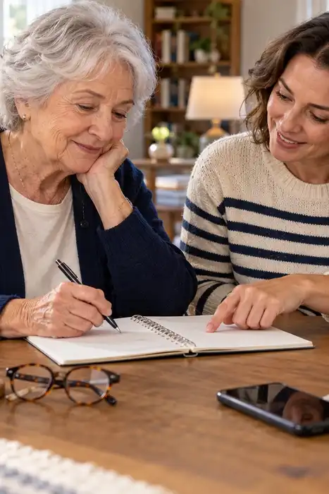 An older adult and companion reviewing a notebook beside a closed medication organizer, eyeglasses, phone, and cane.