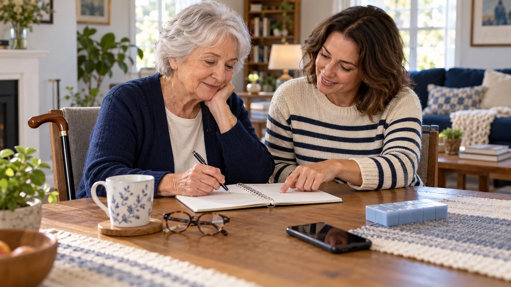 An older adult and companion reviewing a notebook beside a closed medication organizer, eyeglasses, phone, and cane.