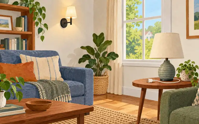 Editorial illustration of a daylight living room with a wall lamp and an unplugged table lamp.
