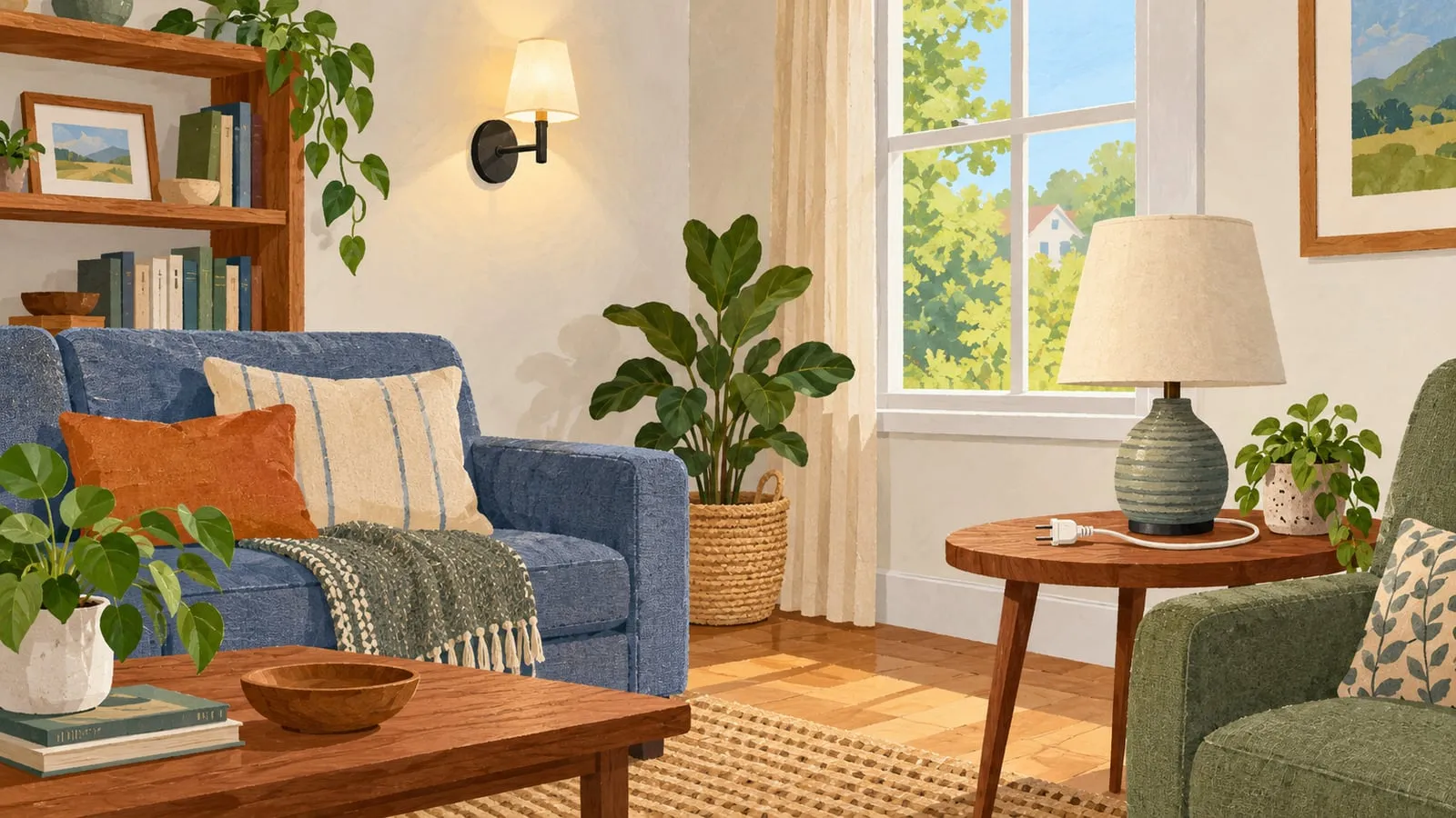 Editorial illustration of a daylight living room with a wall lamp and an unplugged table lamp.