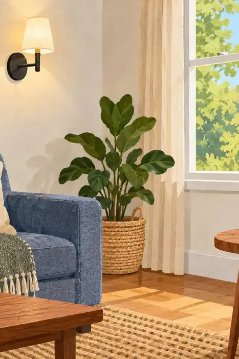 Editorial illustration of a daylight living room with a wall lamp and an unplugged table lamp.