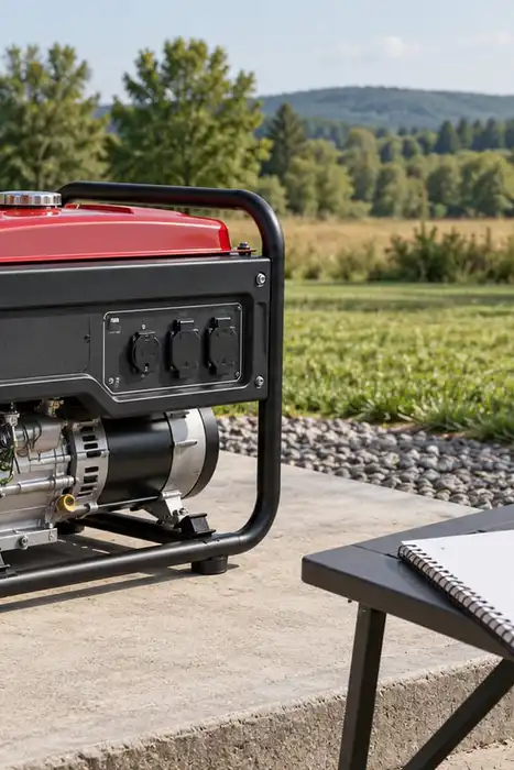 Editorial illustration of a disconnected portable generator beside a notebook and booklet outdoors.