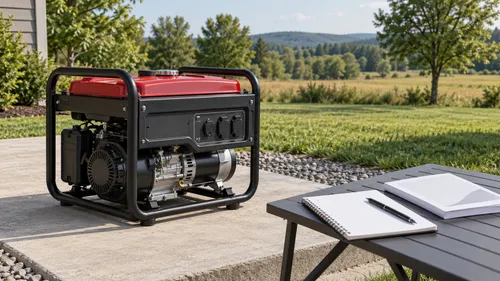 Editorial illustration of a disconnected portable generator beside a notebook and booklet outdoors.