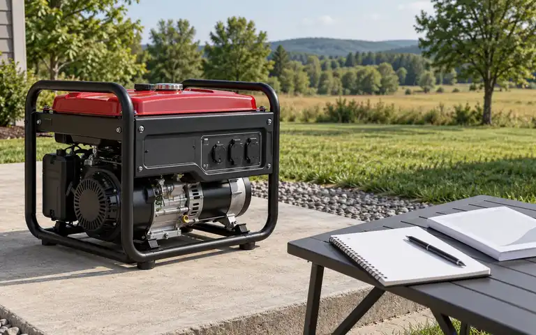 Editorial illustration of a disconnected portable generator beside a notebook and booklet outdoors.