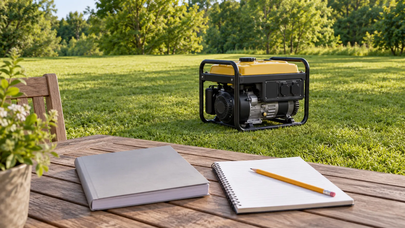 An unplugged portable generator on an open lawn behind a blank notebook and manual on a table.
