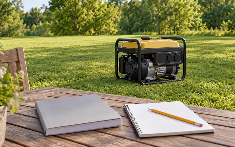 An unplugged portable generator on an open lawn behind a blank notebook and manual on a table.