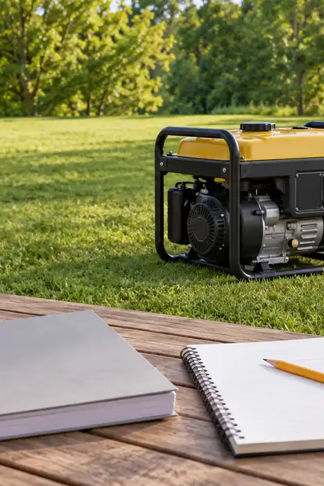 An unplugged portable generator on an open lawn behind a blank notebook and manual on a table.