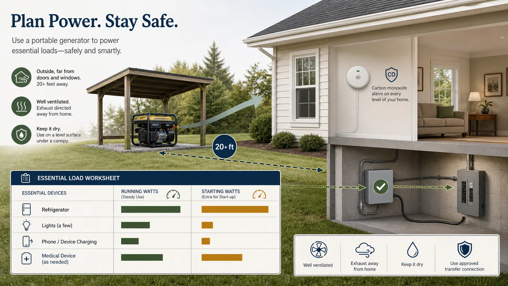 Portable generator placed outdoors away from a home, with a carbon-monoxide alarm and essential-load worksheet