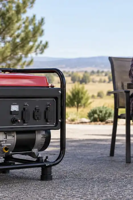 Editorial illustration of a disconnected generator and a person reading a booklet outdoors.
