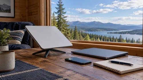 An unbranded flat satellite terminal, closed laptop, phone, and blank notebook near a cabin window.