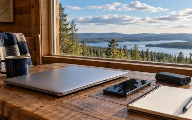A closed laptop, smartphone, power bank, and notebook inside a cabin with an open sky and lake view.