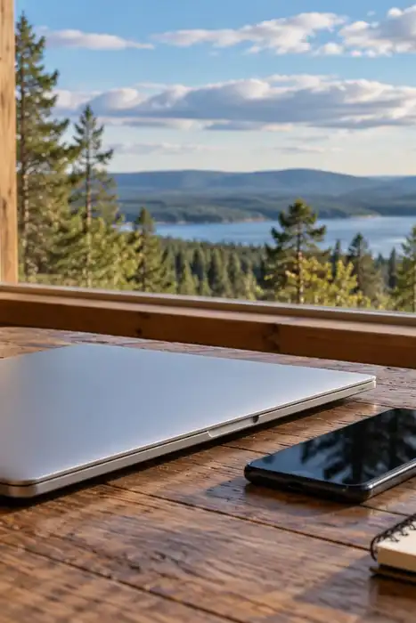 A closed laptop, smartphone, power bank, and notebook inside a cabin with an open sky and lake view.