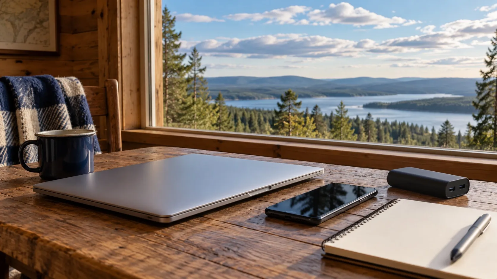 A closed laptop, smartphone, power bank, and notebook inside a cabin with an open sky and lake view.