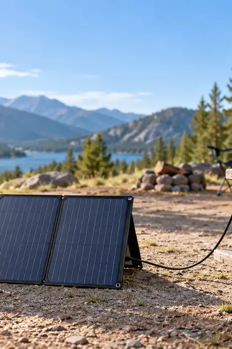 An unfolded portable solar panel beside a closed power station at a campsite.