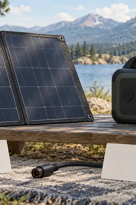 Editorial illustration of a portable solar panel, disconnected power station, connector and blank cards.