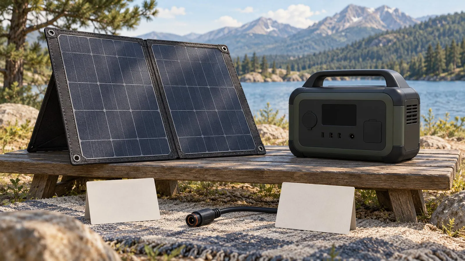 Editorial illustration of a portable solar panel, disconnected power station, connector and blank cards.