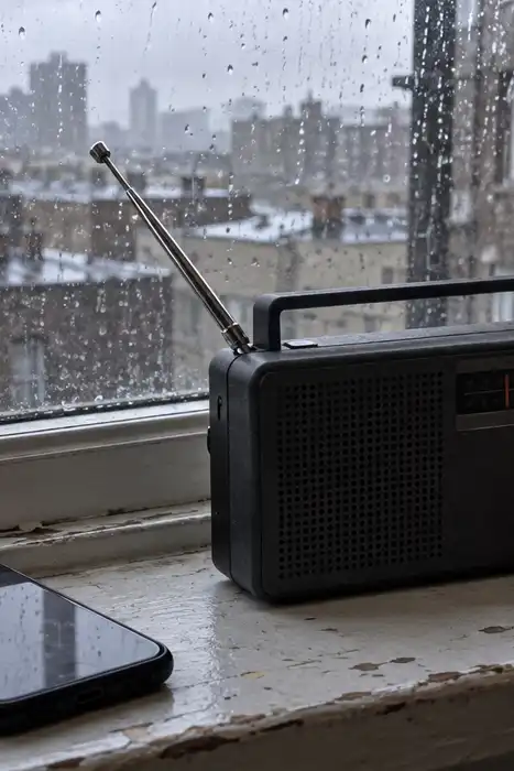 A hand tuning a portable radio beside a phone on a rain-streaked windowsill