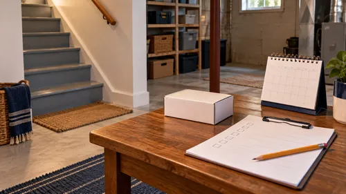 Editorial illustration: blank household checklist and calendar on a basement table