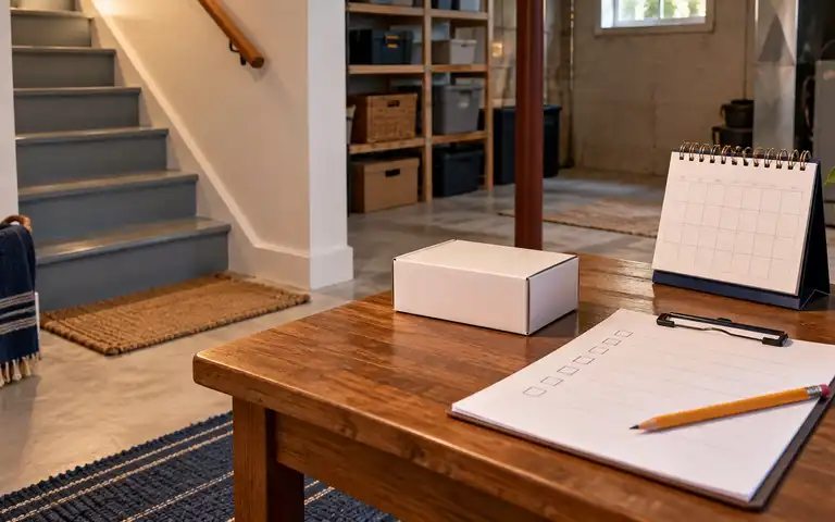 Editorial illustration: blank household checklist and calendar on a basement table